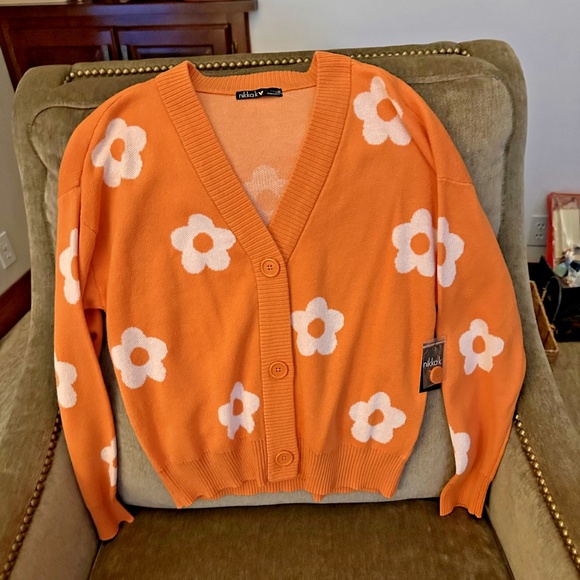 Nikkak Orange Crush Cardigan with White Flowers Sz M - NWT - Darling! - Picture 1 of 3